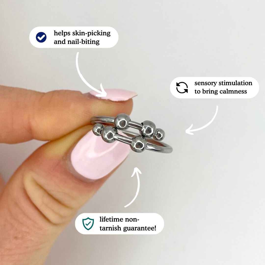 Anillo ajustable de plata de ley con 4 cuentas para la ansiedad (316L)