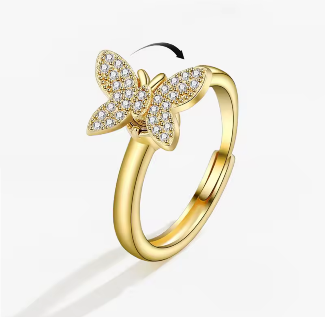 Anillo antiestrés con mariposa de cristal dorado