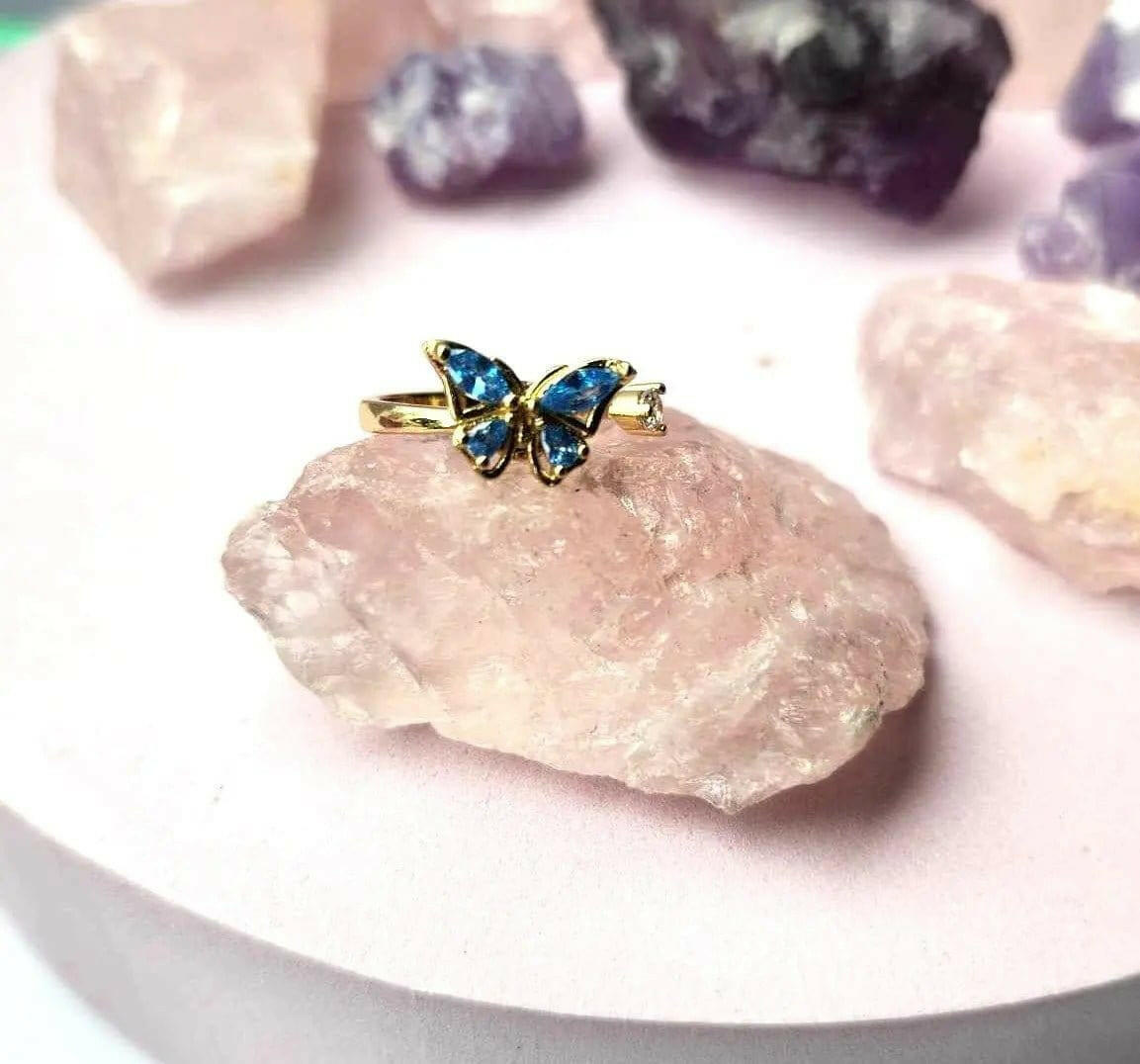 Anillo Fidget Spinner con Mariposa Azul Chapado en Oro