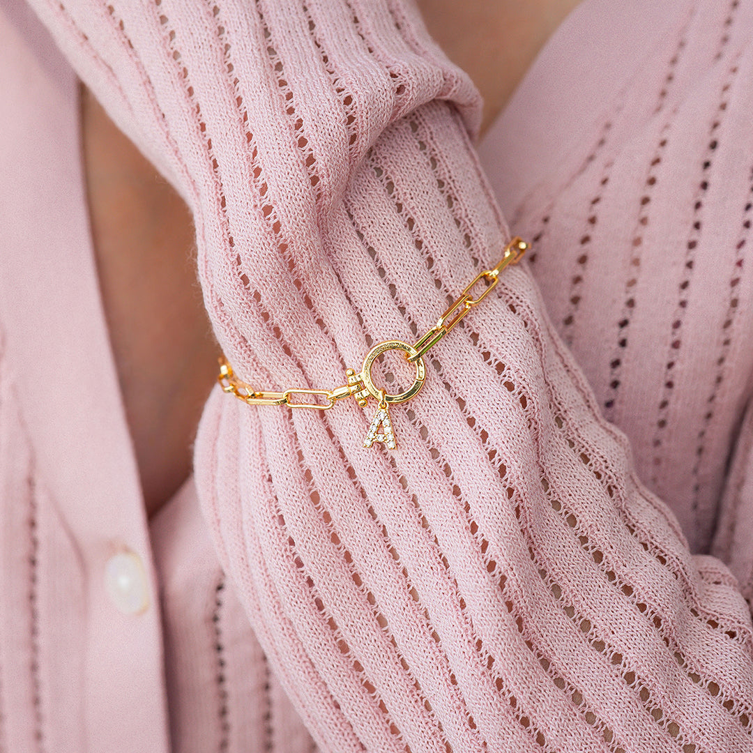 Mint Paperclip Bracelet with Pave Initial Charm