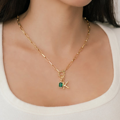 Mint Paperclip Necklace with Initial & Birthstone Charm