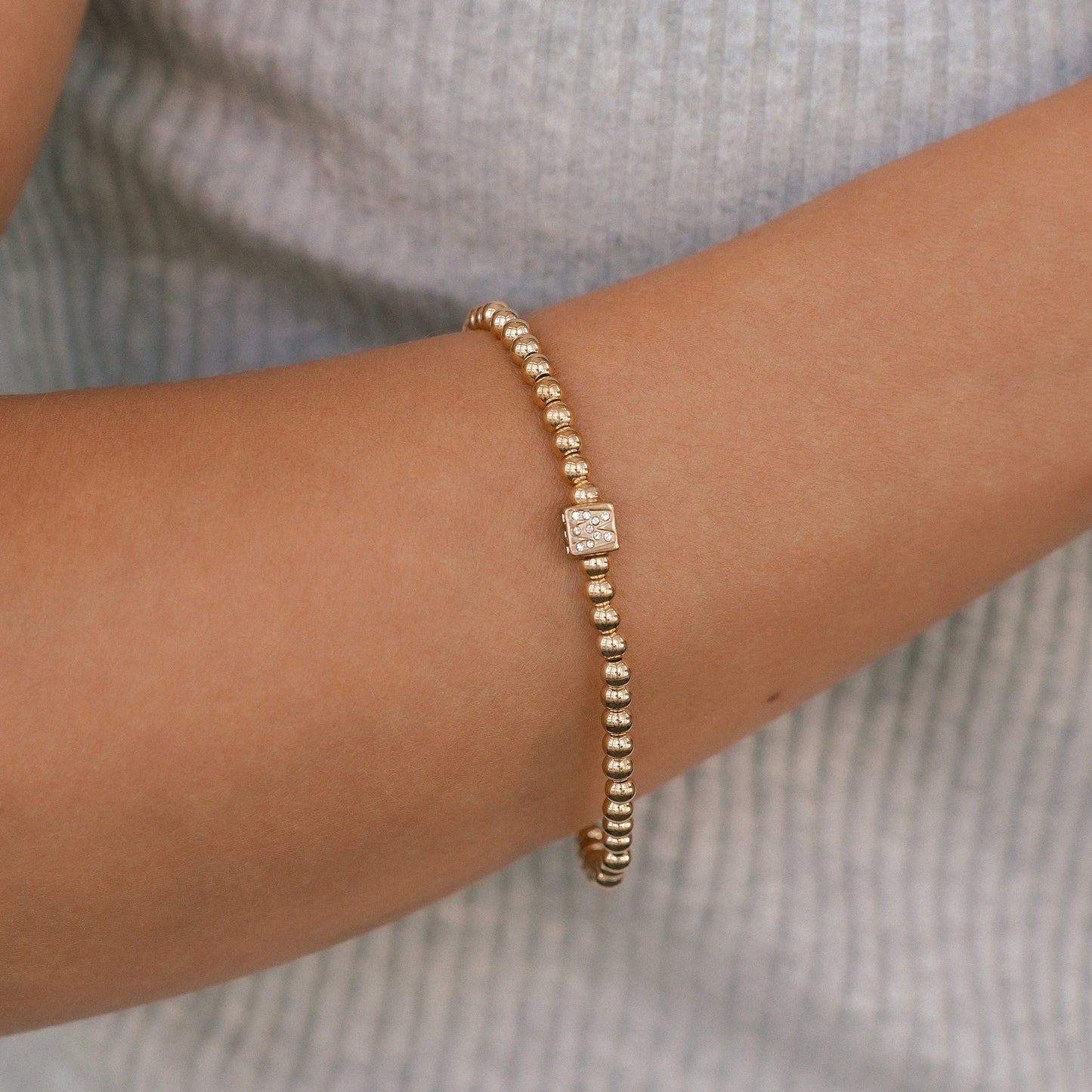 Gold Beaded Block Initial Bracelet