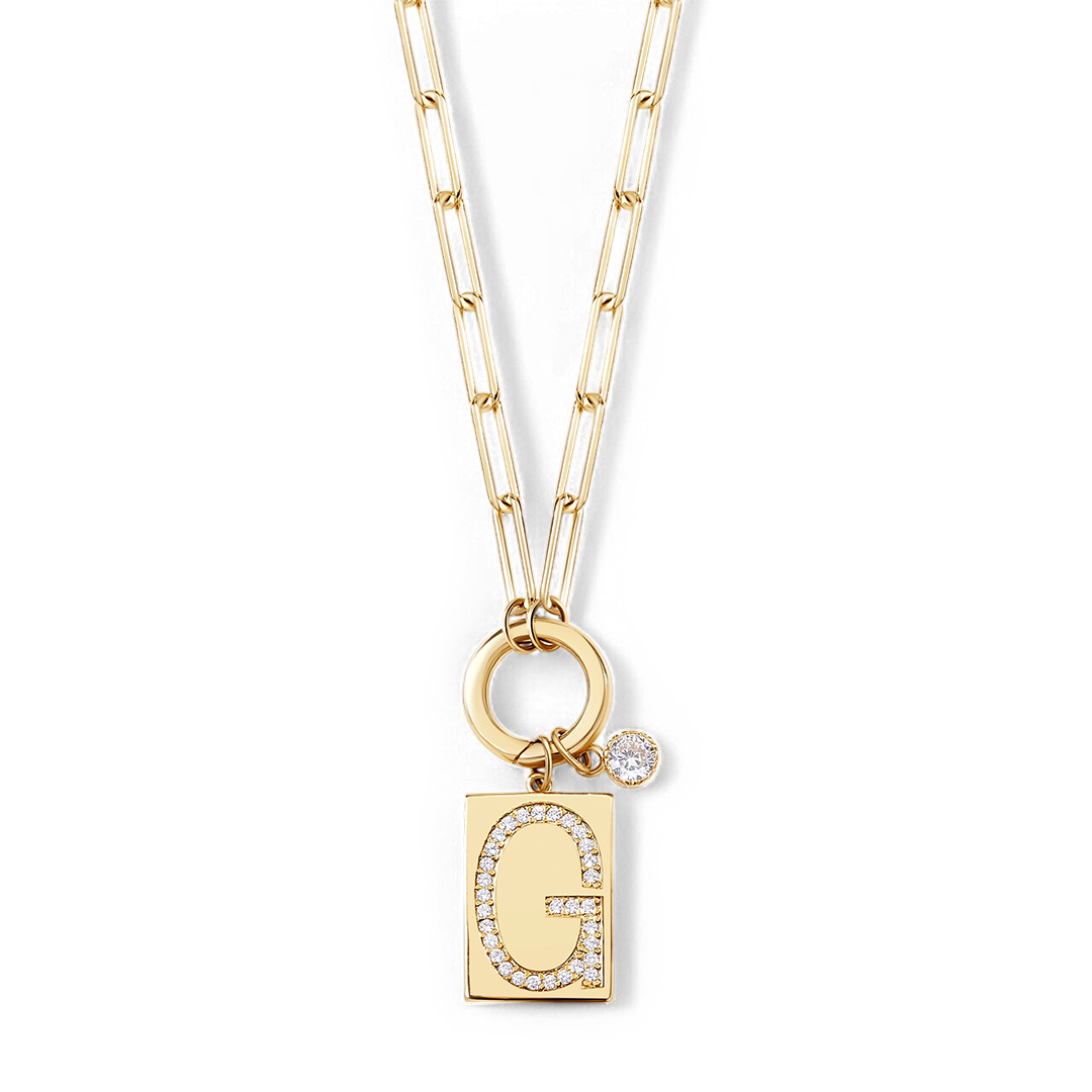 Gold Pave Initial Pendant Necklace with Paperclip Chain