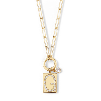 Gold Pave Initial Pendant Necklace with Paperclip Chain