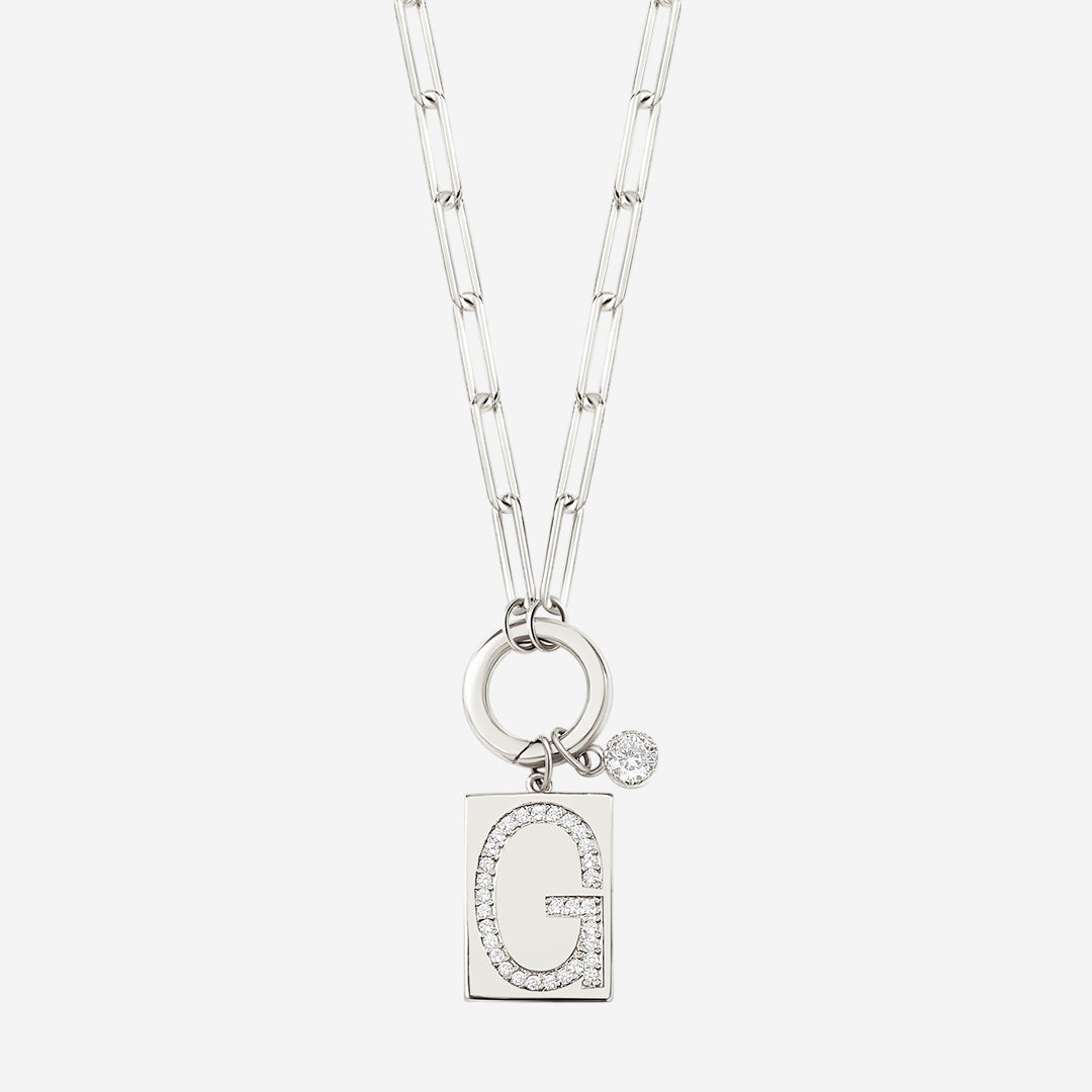 Sterling Silver Pavé Initial Necklace – Paperclip Chai