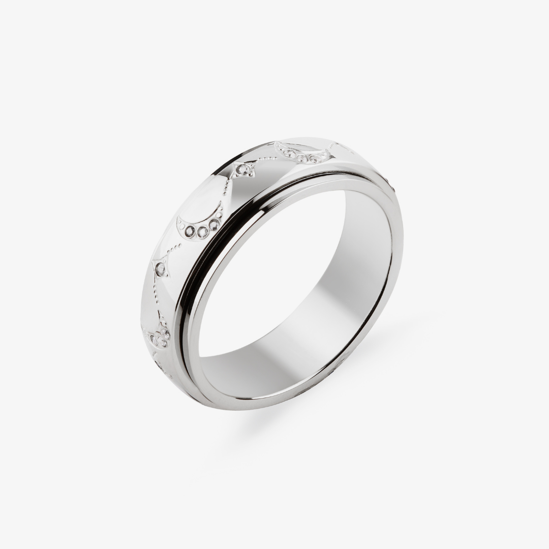 Silver moon and star pattern anxiety ring