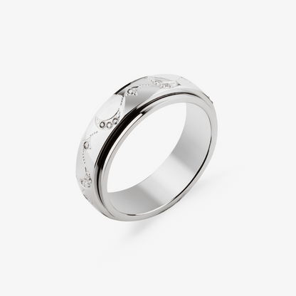 Silver moon and star pattern anxiety ring