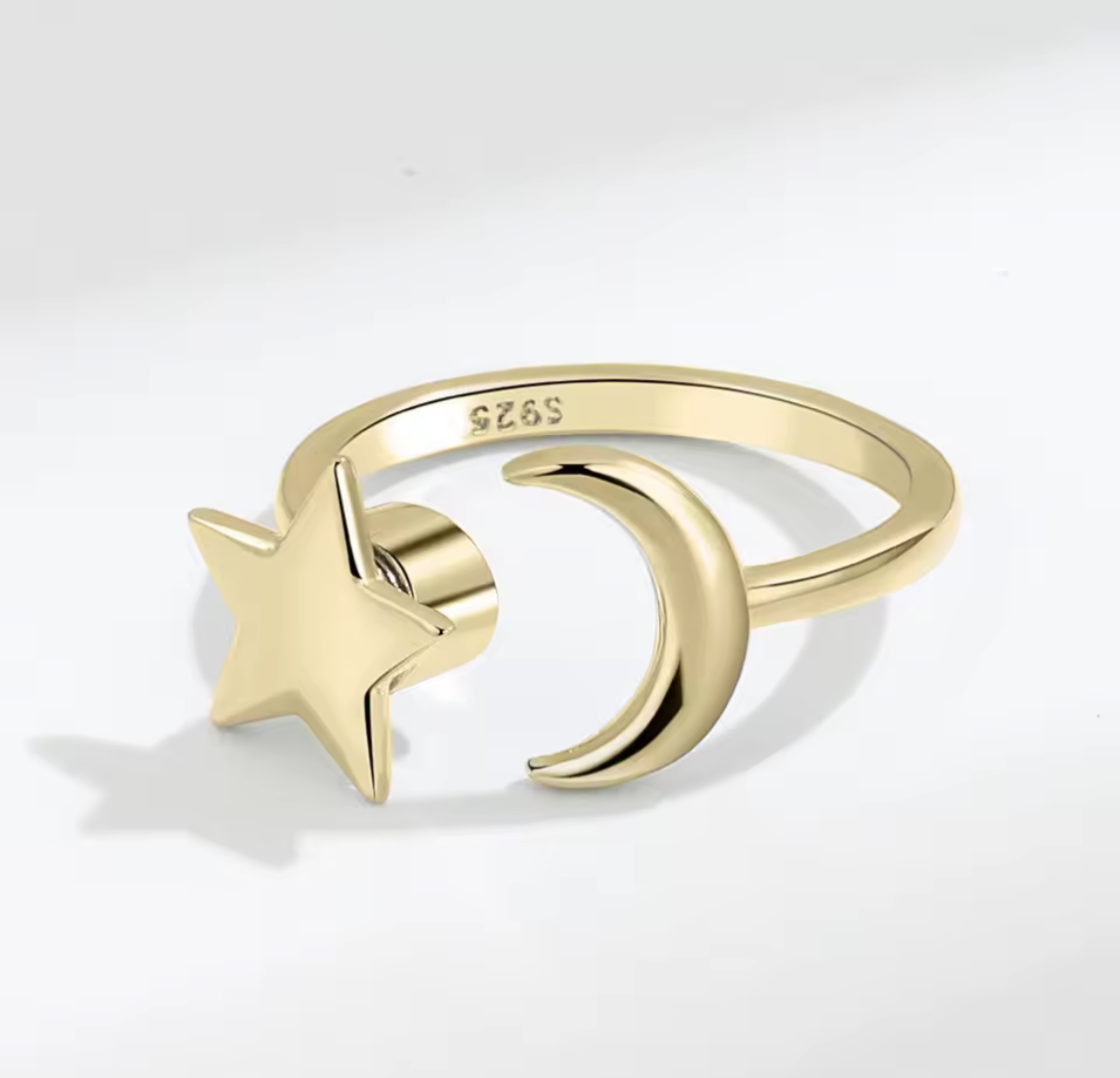 Anillo giratorio de ansiedad con forma de luna y estrella