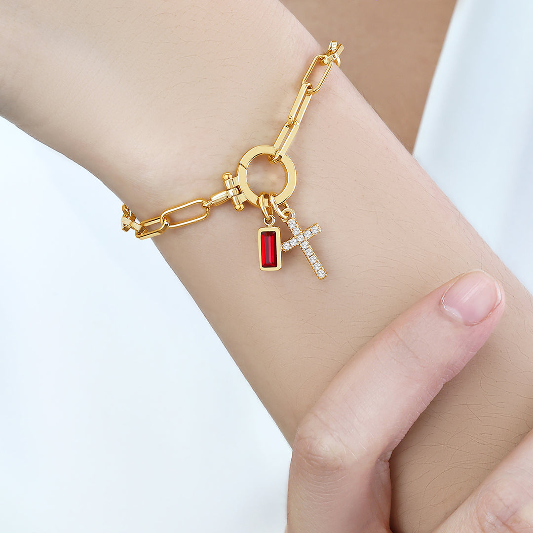 Cross Charm Birthstone Paperclip Bracelet