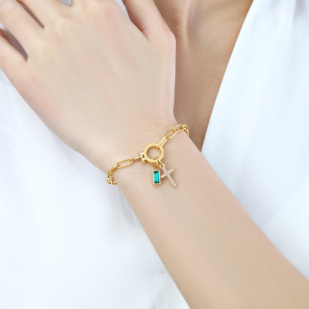 Cross Charm Birthstone Paperclip Bracelet