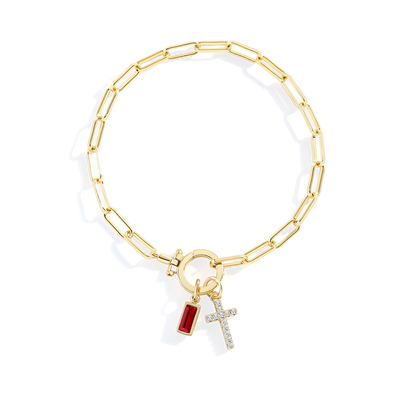 Cross Charm Birthstone Paperclip Bracelet