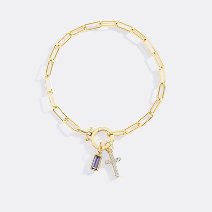 Cross Charm Birthstone Paperclip Bracelet