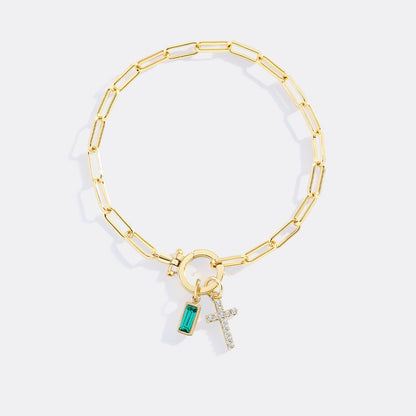Cross Charm Birthstone Paperclip Bracelet
