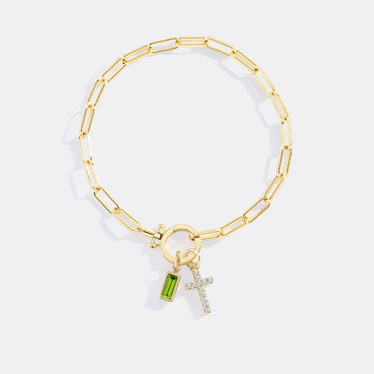 Cross Charm Birthstone Paperclip Bracelet
