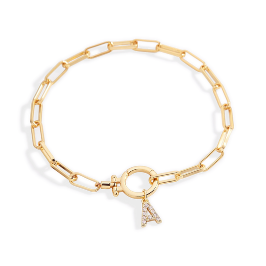 Mint Paperclip Bracelet with Pave Initial Charm