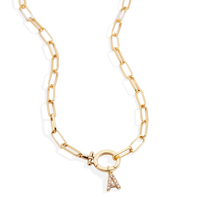 Mint Paperclip Necklace with Pave Initial Charm