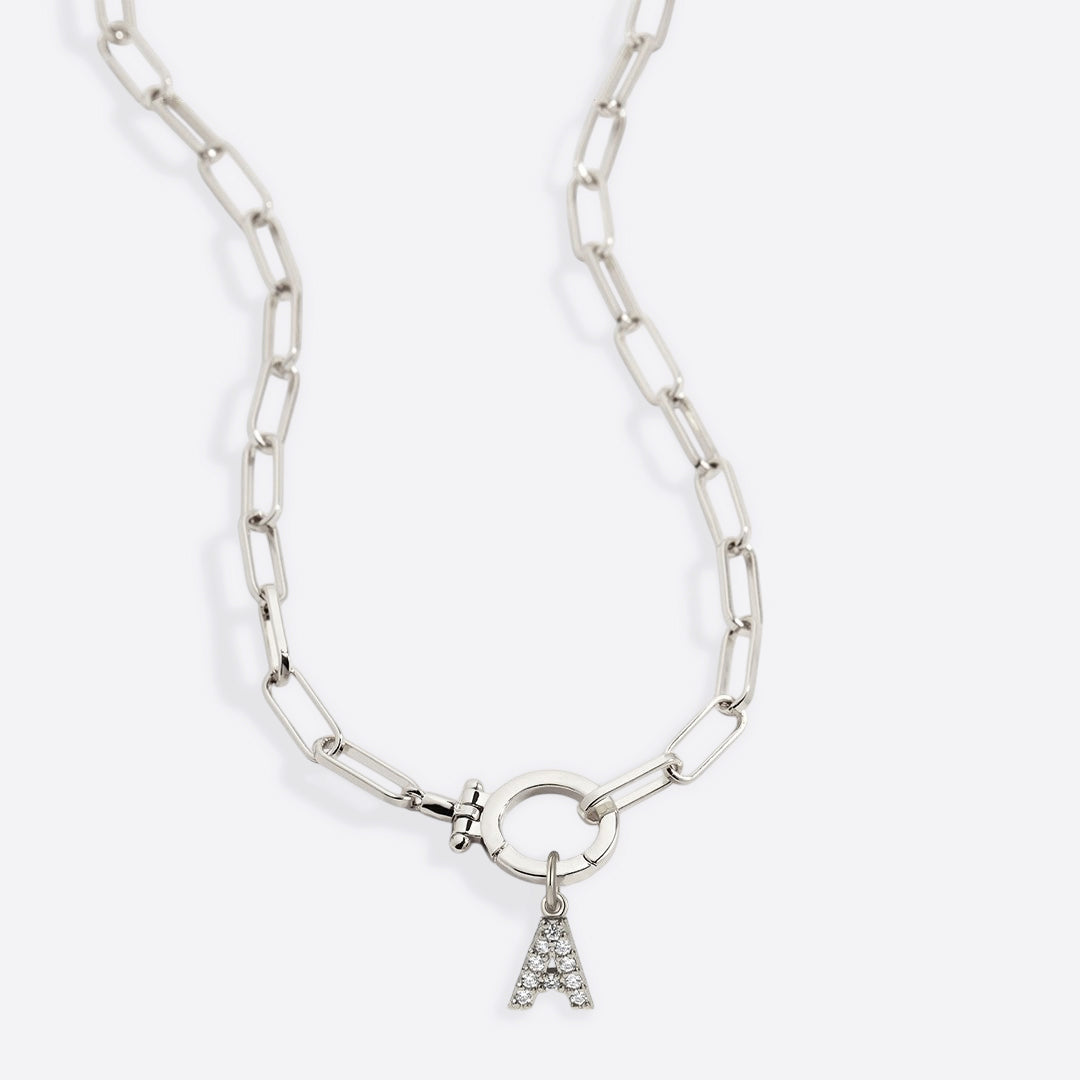 Mint Paperclip Necklace with Pave Initial Charm