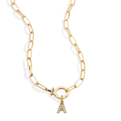 Mint Paperclip Necklace with Pave Initial Charm