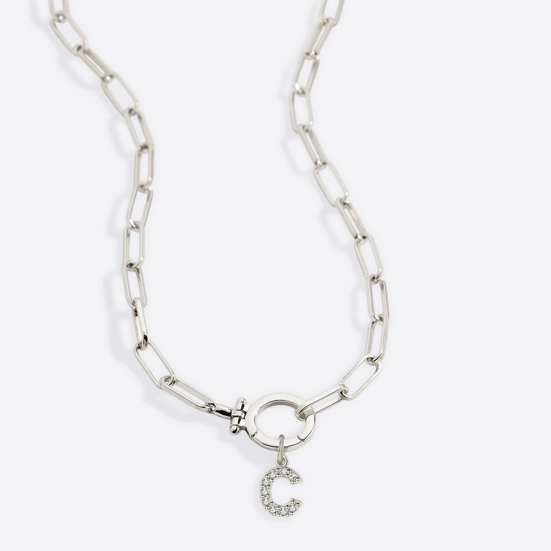 Mint Paperclip Necklace with Pave Initial Charm