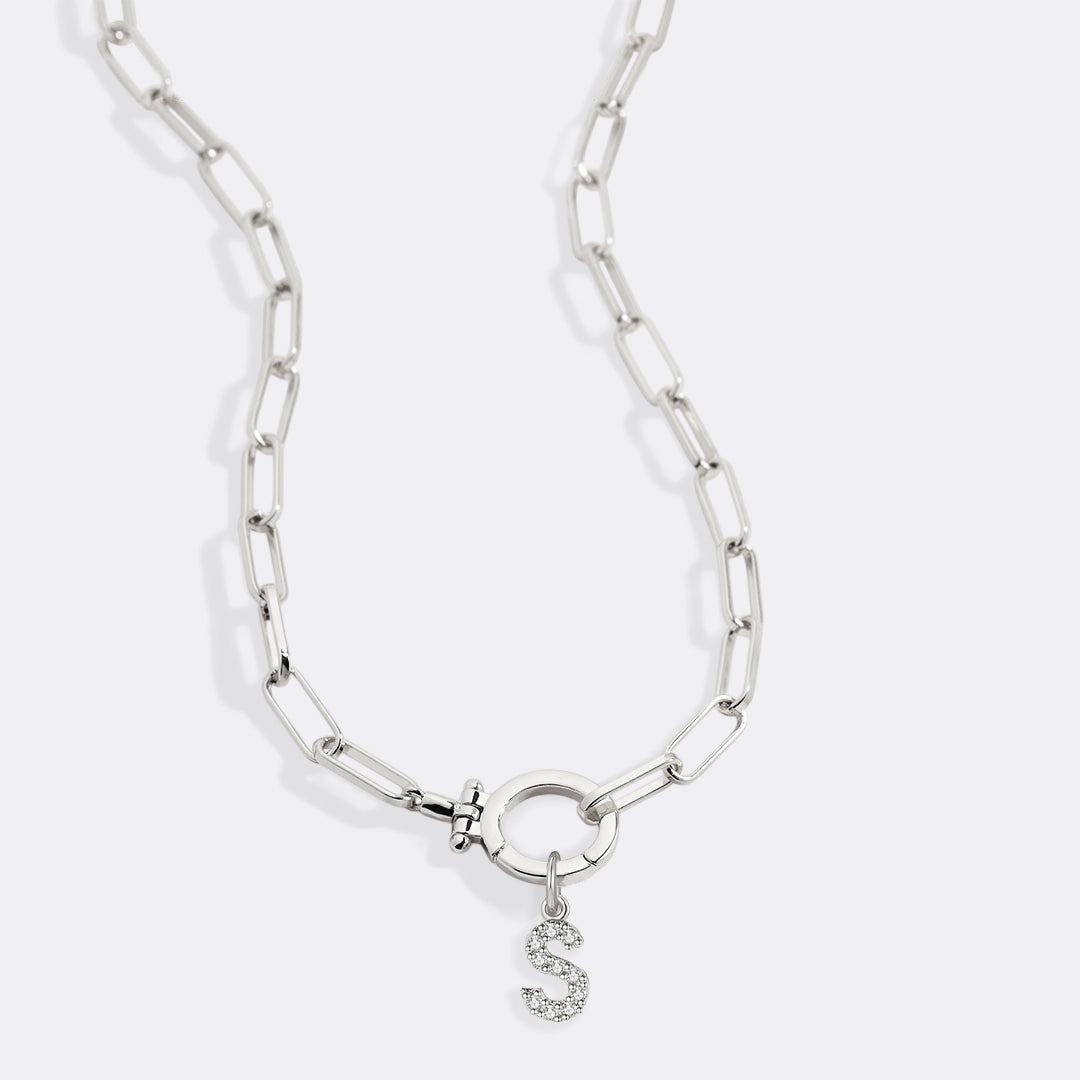 Mint Paperclip Necklace with Pave Initial Charm