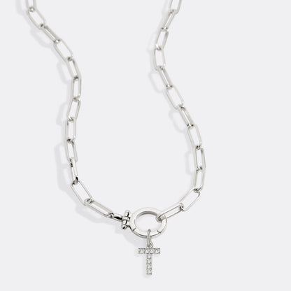 Mint Paperclip Necklace with Pave Initial Charm