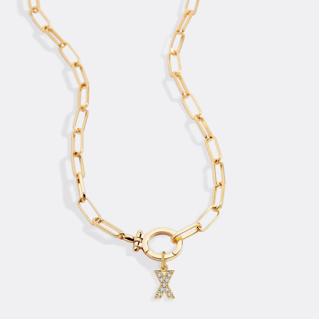 Mint Paperclip Necklace with Pave Initial Charm