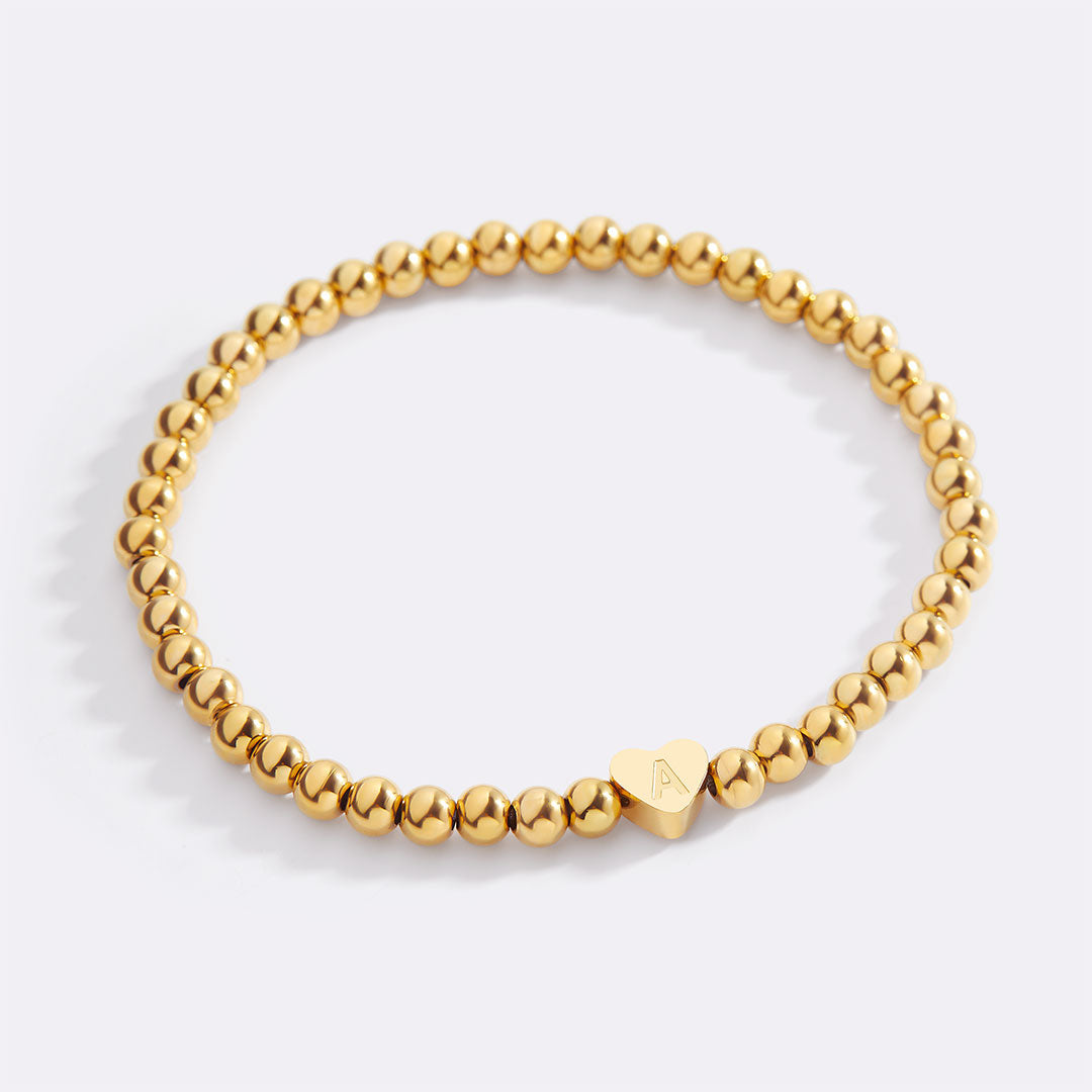 Gold Beaded Bracelet with Heart Initial