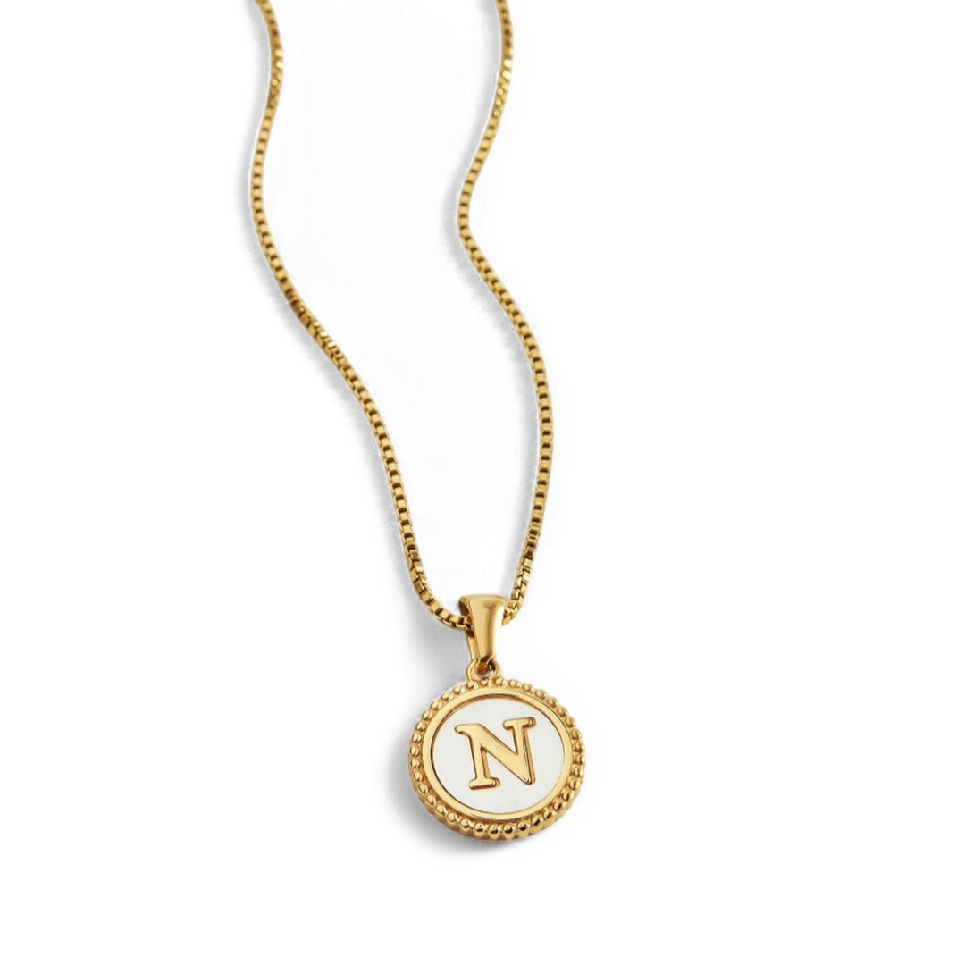 Mother of Pearl Disc Letter Necklace with Box Chain