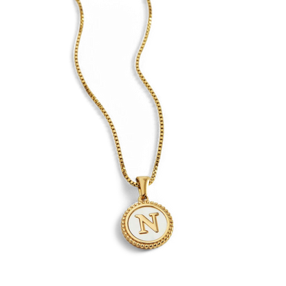 Mother of Pearl Disc Letter Necklace with Box Chain