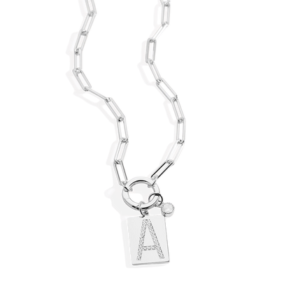 Sterling Silver Pavé Initial Necklace – Paperclip Chai