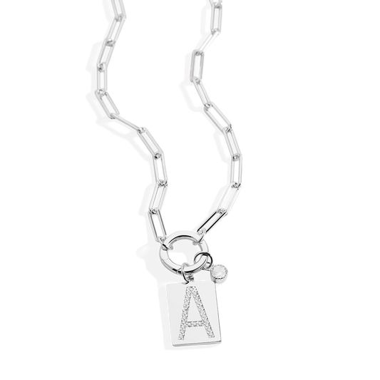Sterling Silver Pavé Initial Necklace – Paperclip Chai