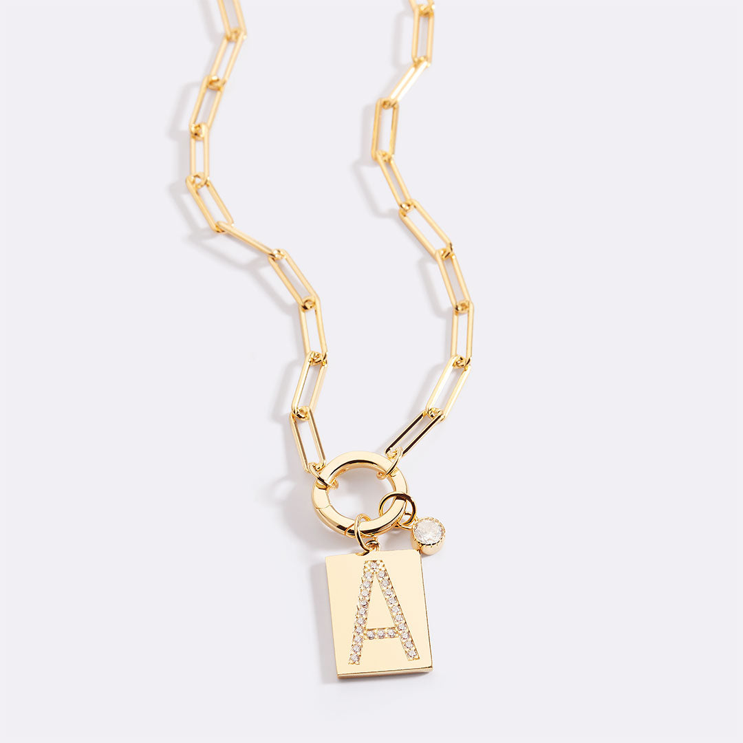 Gold Pave Initial Pendant Necklace with Paperclip Chain