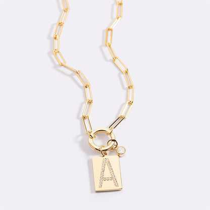 Gold Pave Initial Pendant Necklace with Paperclip Chain