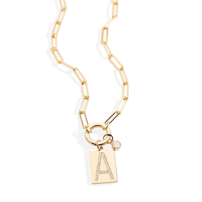 Gold Pave Initial Pendant Necklace with Paperclip Chain