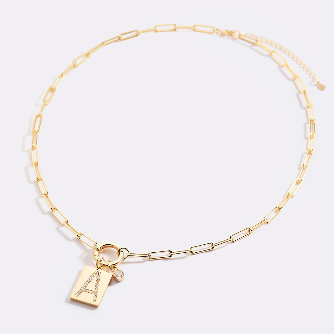 Gold Pave Initial Pendant Necklace with Paperclip Chain