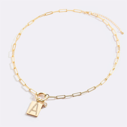 Gold Pave Initial Pendant Necklace with Paperclip Chain