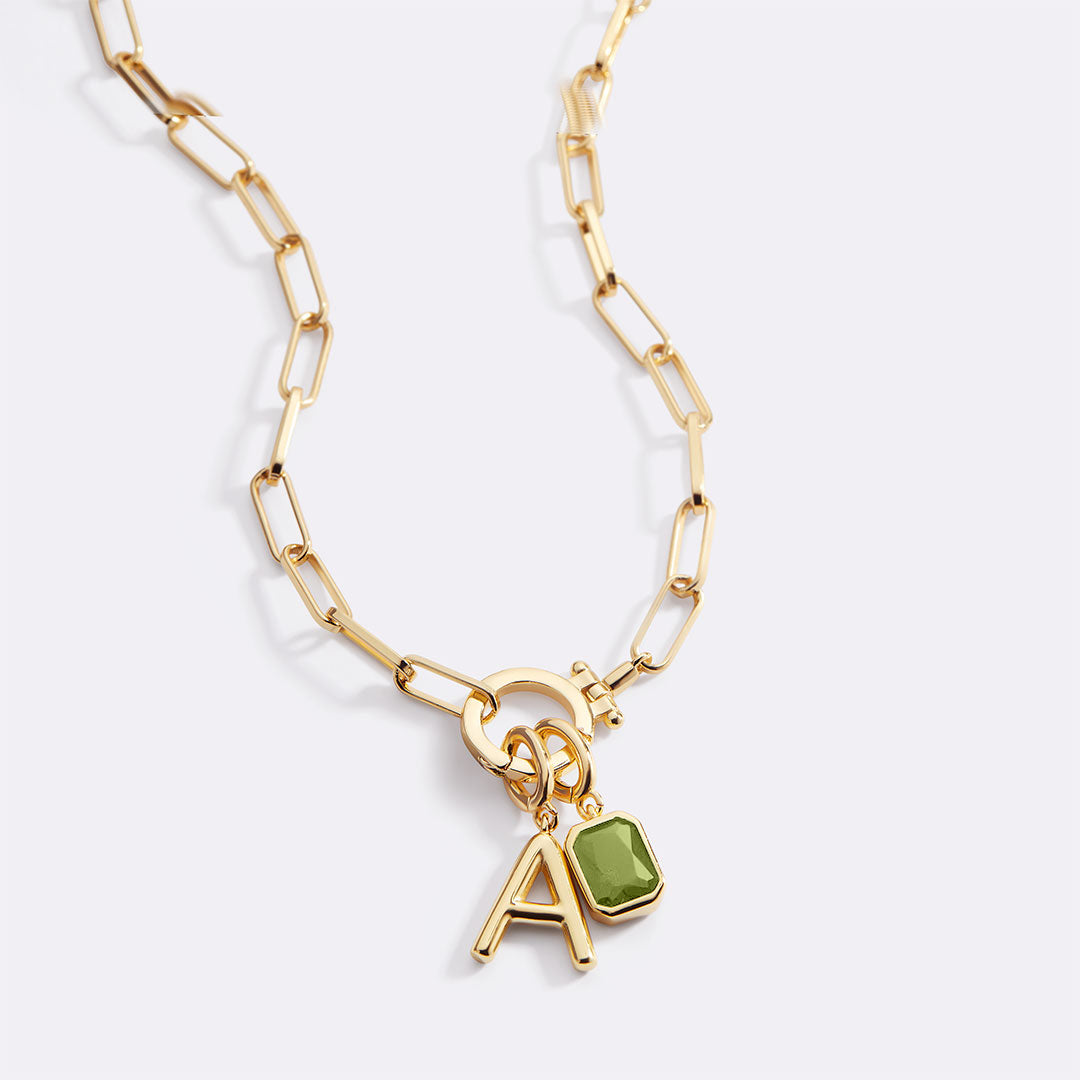 Mint Paperclip Necklace with Initial & Birthstone Charm