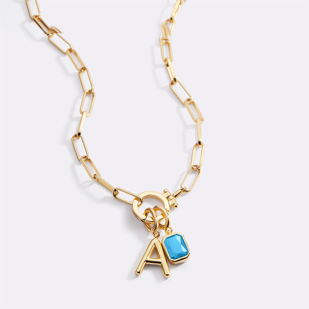 Mint Paperclip Necklace with Initial & Birthstone Charm