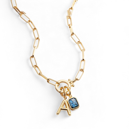 Mint Paperclip Necklace with Initial & Birthstone Charm