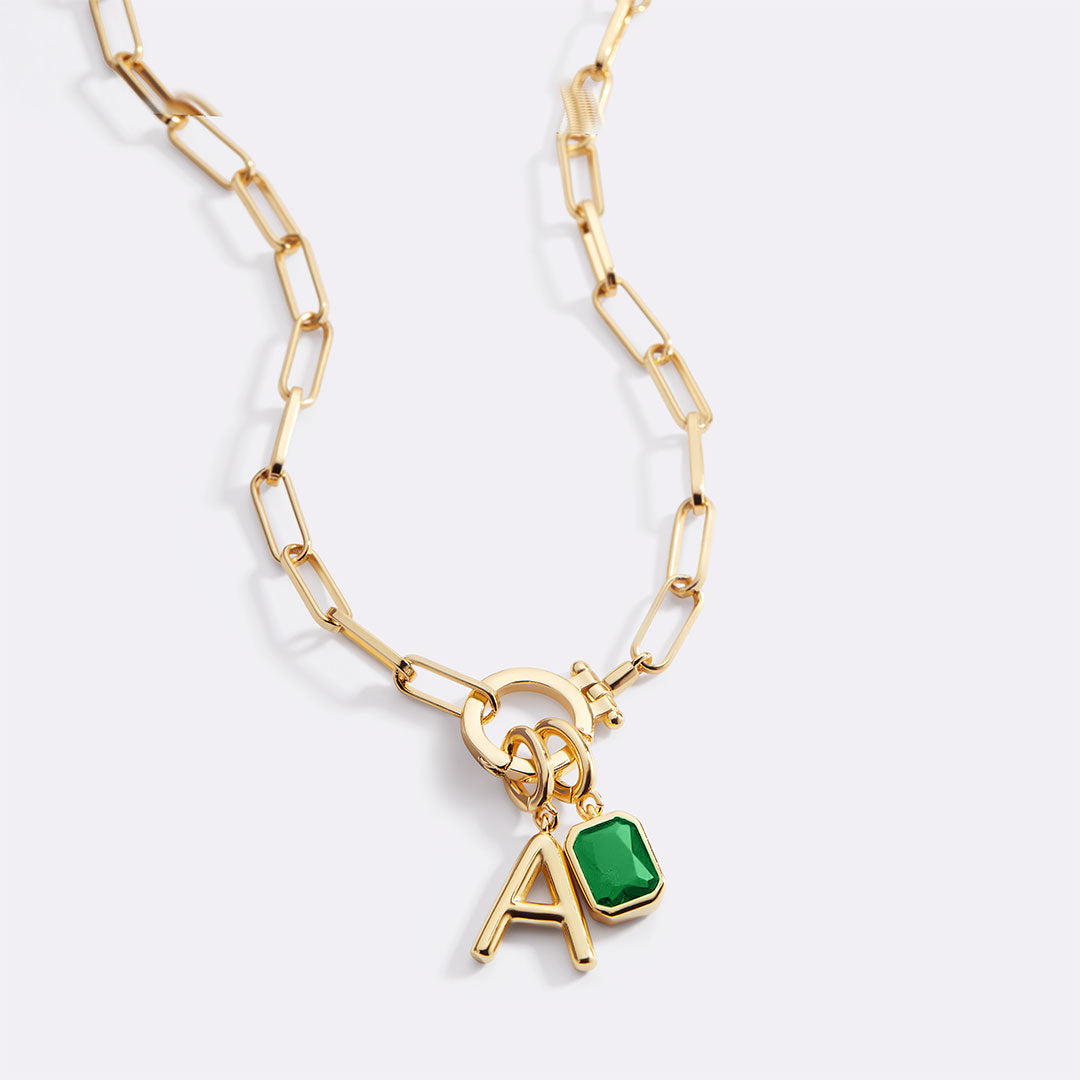 Mint Paperclip Necklace with Initial & Birthstone Charm