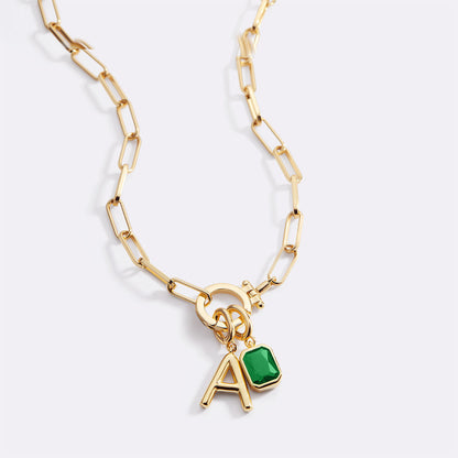 Mint Paperclip Necklace with Initial & Birthstone Charm