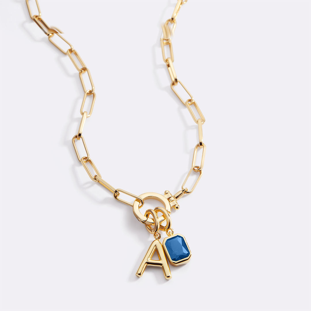 Mint Paperclip Necklace with Initial & Birthstone Charm