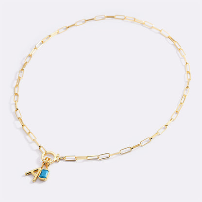 Mint Paperclip Necklace with Initial & Birthstone Charm