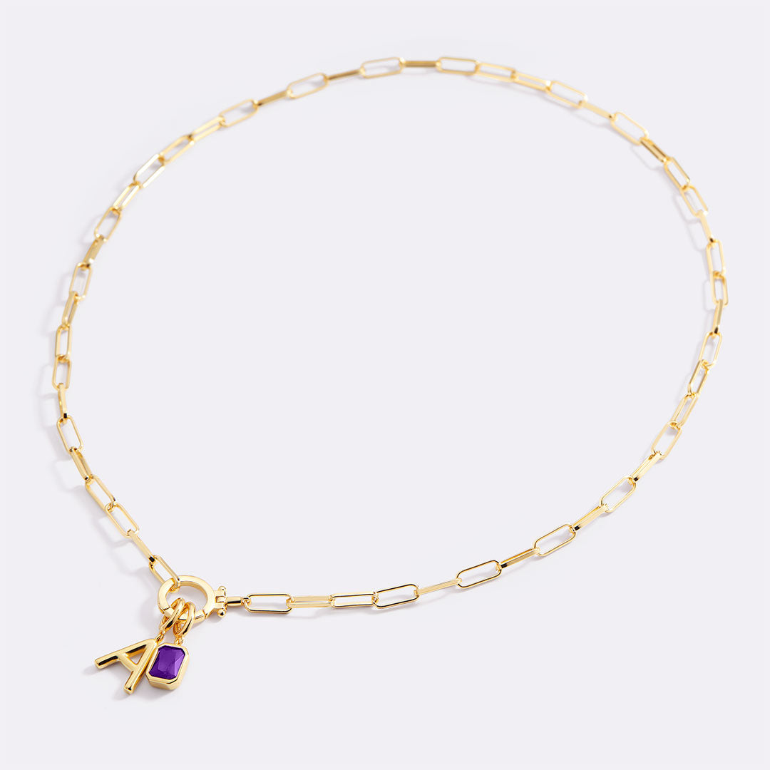 Mint Paperclip Necklace with Initial & Birthstone Charm