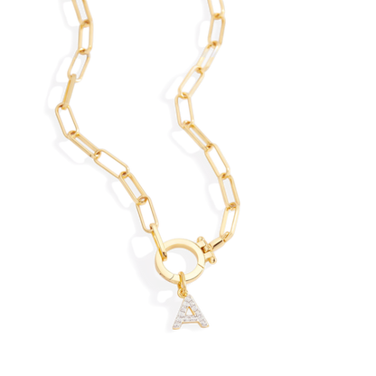 Mint Paperclip Necklace with Pave Initial Charm