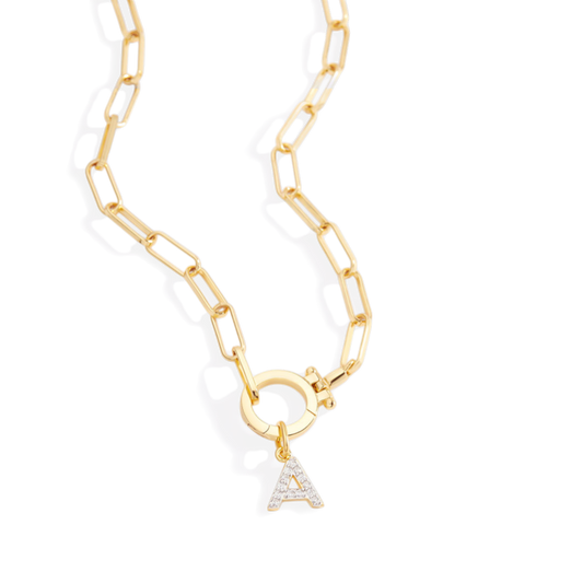 Mint Paperclip Necklace with Pave Initial Charm