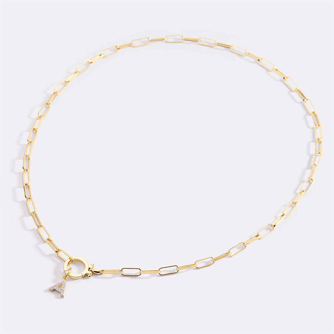 Mint Paperclip Necklace with Pave Initial Charm