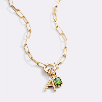 Mint Paperclip Necklace with Initial & Birthstone Charm