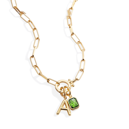 Mint Paperclip Necklace with Initial & Birthstone Charm