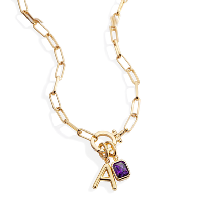 Mint Paperclip Necklace with Initial & Birthstone Charm